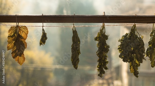 tolerable. Close-up of dried lovage leaves on a wooden rack with natural morning light. gardening catalogs, home-decor guides, designed for home decor and floral branding, used by sports marketers.