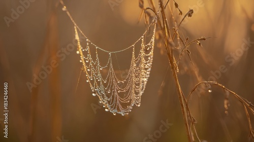 ethicist. Morning dew glistening on a delicate spiderweb in golden light. wildlife magazines, conservation campaigns, designed for nature documentaries and education, used by devops engineers.