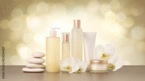 postbiotics. Skincare products and accessories arranged elegantly with soft focus. lifestyle magazines, social media lookbooks, designed for lifestyle magazines and social media content.