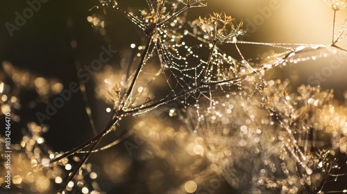 ethicist. Morning dew glistening on a delicate spiderweb in golden light. wildlife magazines, conservation campaigns, designed for nature documentaries and education, used by devops engineers.