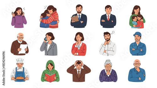 Cartoonstyle character illustrations depicting different emotions and occupations isolated on transparent background