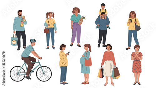 Diverse group of cartoon people engaging in daily activities isolated on white