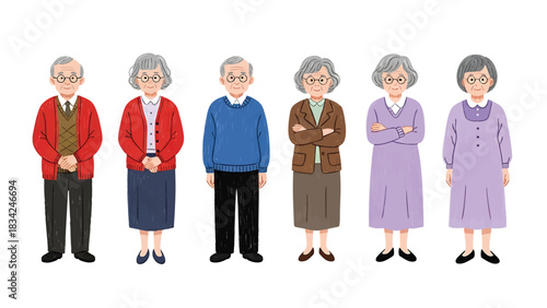 Diverse group of elderly people standing together in colorful outfits illustration isolated