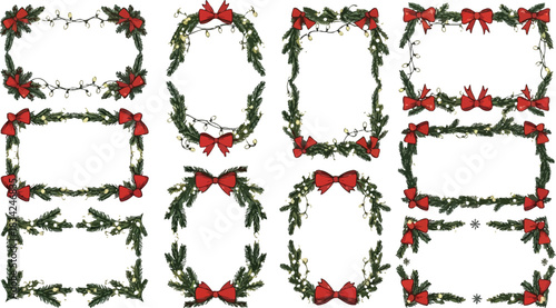 Festive christmas frames with fir branches red bows and string lights collection