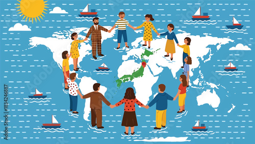Diverse people holding hands around the world standing on a world map