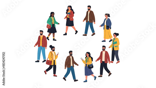 Group of diverse men and women walking together in circle formation isolated