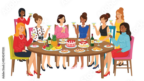 Group of happy women celebrating at a party with food and drinks