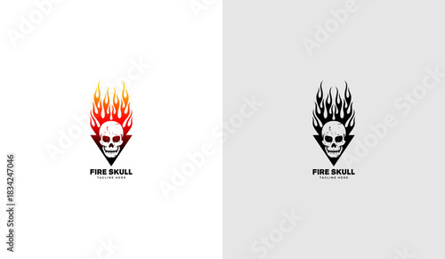 Vintage fire skull head logo, skull and fire icon. Vector illustration template design