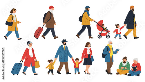 Illustration of diverse people in fall or winter clothes walking and reading