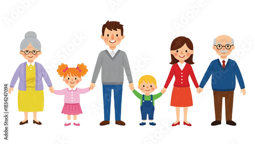 Illustration of a multigenerational family holding hands isolated on transparent background