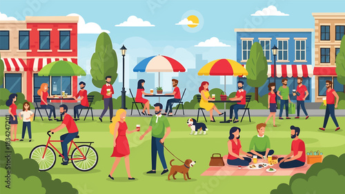 People enjoying a sunny day at the city park with various activities