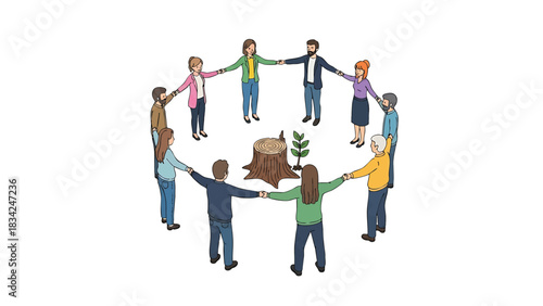 People Joining Hands Around Tree Stump and Sapling Symbolizing Environmental Protection