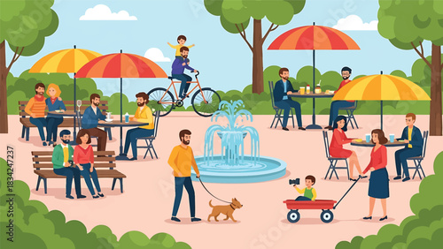 People enjoying the public park and street cafe with outdoor seating vector illustration