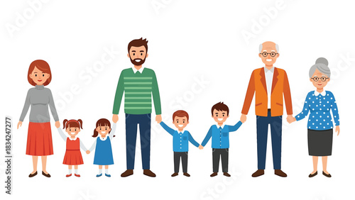 Three generation family vector illustration holding hands isolated on transparent background