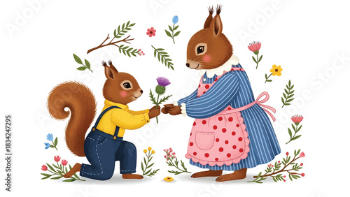Whimsical squirrel family illustration with a little one presenting a flowervector image