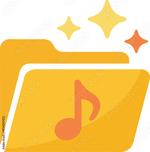 Golden vector folder icon with musical note and sparkling elements representing audio files.