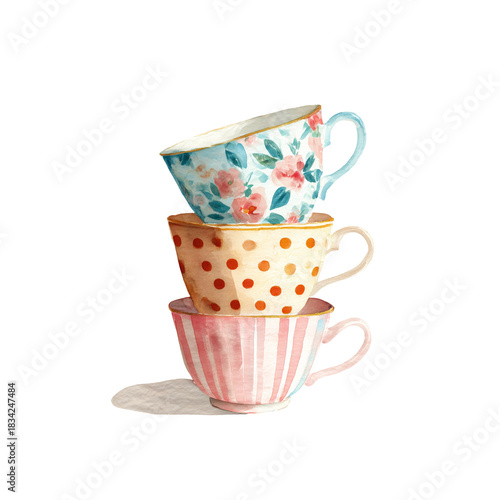 Whimsical illustration of three colorful porcelain teacups with mixed playful patterns and charming artistic details.