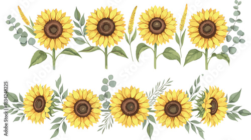 Sunflower floral border arrangement with eucalyptus leaves, botanical watercolor style design, decorative flower garland for invitations, prints, crafts and stationery
