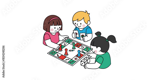 Three diverse children enthusiastically playing a colorful board game together.