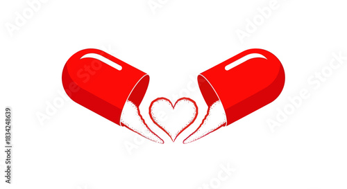 Open Red Pill Capsule Forming a Heart Shape.
