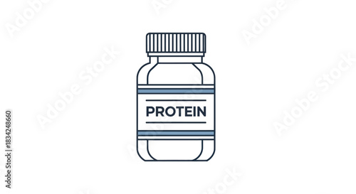 Protein Supplement Bottle Illustration with Blue Accents and Clear Label.