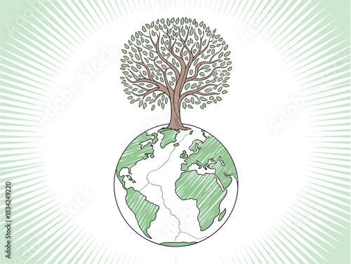 Black and White Tree with Roots and Foliage Split Vector Illustration.