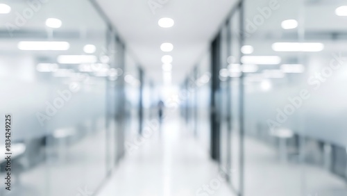 Blurred modern office interior with glass walls and bright lighting