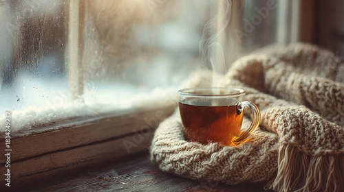 On the window is a cup of hot tea that has been warmed by the knitted scarf.