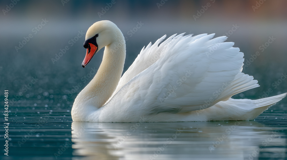 Fototapeta premium Close-up portrait of a mute swan on a quiet freshwater lake with slightly raised wings and detailed white plumage