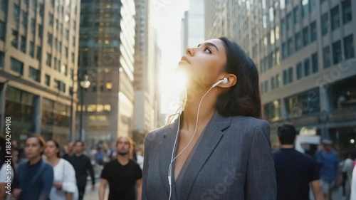 A young woman standing in a busy city street, looking up at the sky as sunlight shines between tall buildings