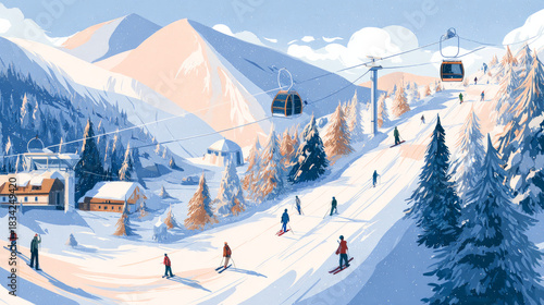 A Winter Wonderland Scene of Snowboarding and Skiing