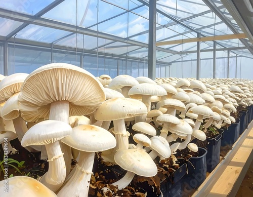 Mushroom cultivation in greenhouse, white mushrooms growing in rows under glasshouse