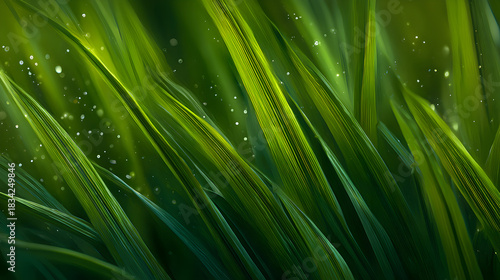 Closeup of vibrant green grass blades covered in tiny water droplets
