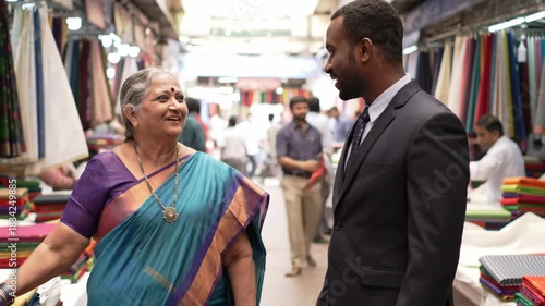 Mature woman shaking hands with businessman in textile market, success, business deal.