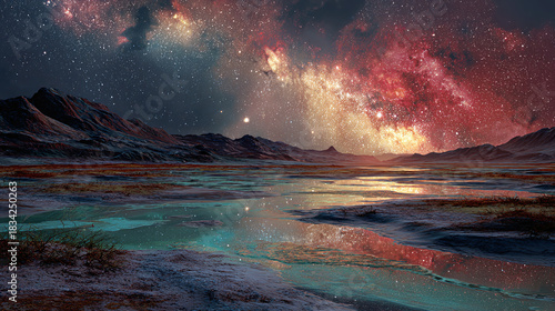 Celestial River: A mesmerizing vista of a river reflecting a vibrant, star-filled night sky