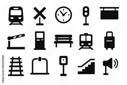 Icon set of transportation and public infrastructure symbols in black and white