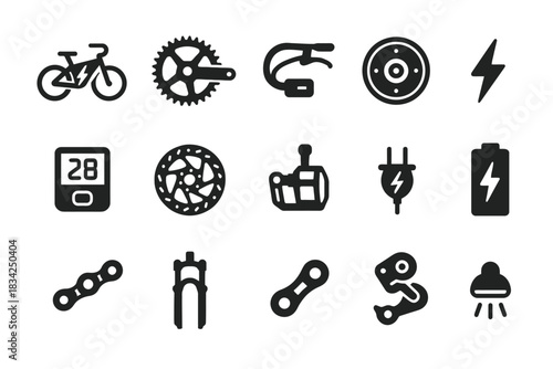 Electric bicycle icons set: battery, motor, chain, gear, display, headlight in black and white