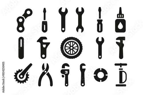 Set of bicycle repair icons: tools and equipment silhouettes