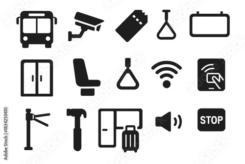 Transportation icon set featuring bus, camera, wi-fi, luggage, and safety signs