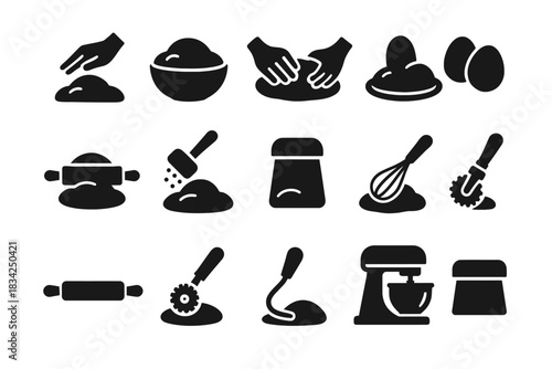 Baking icons set: kneading, rolling, mixing, and more