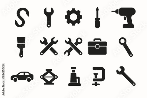 Set of mechanical tools and icons featuring wrench, gear, screwdriver, and drill