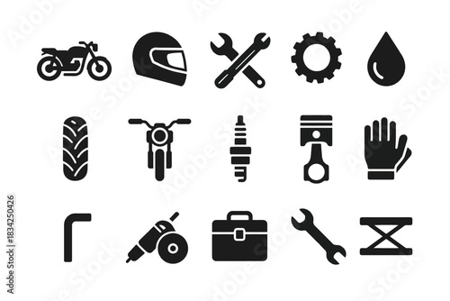 Motorcycle maintenance icons: tools, tire, gear, oil, helmet, engine parts