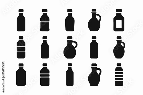Variety of bottle silhouettes in different shapes and sizes on white background