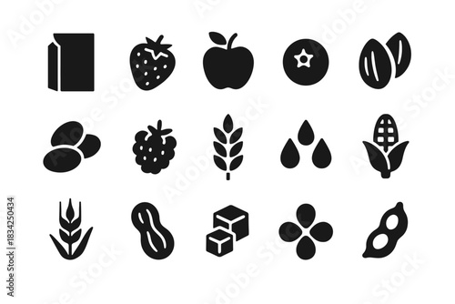 Assorted food icons including fruits, grains, nuts, and seeds in black silhouettes
