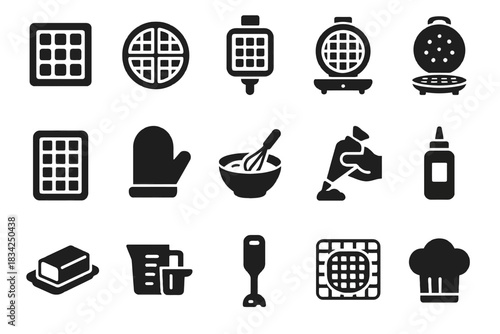 Waffle and baking icons: griddle, batter, whisk, chef hat, mitt, bottle, blender, butter