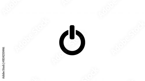 Animation shows a black power button with subtle movement against a white backdrop.