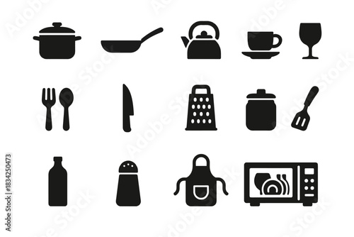 Kitchen utensil silhouettes collection: cookware, cutlery, and appliances