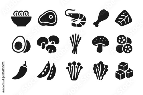 Icons of food ingredients: pasta, meat, seafood, vegetables, and fruits in black silhouettes