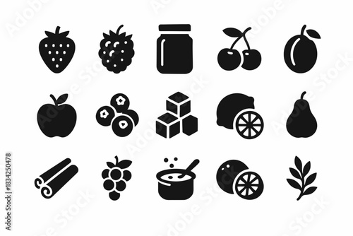Various fruit and ingredient icons in black silhouettes