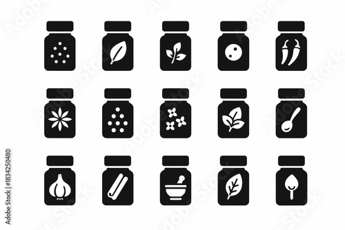Collection of spice jar icons with various spice symbols in black and white